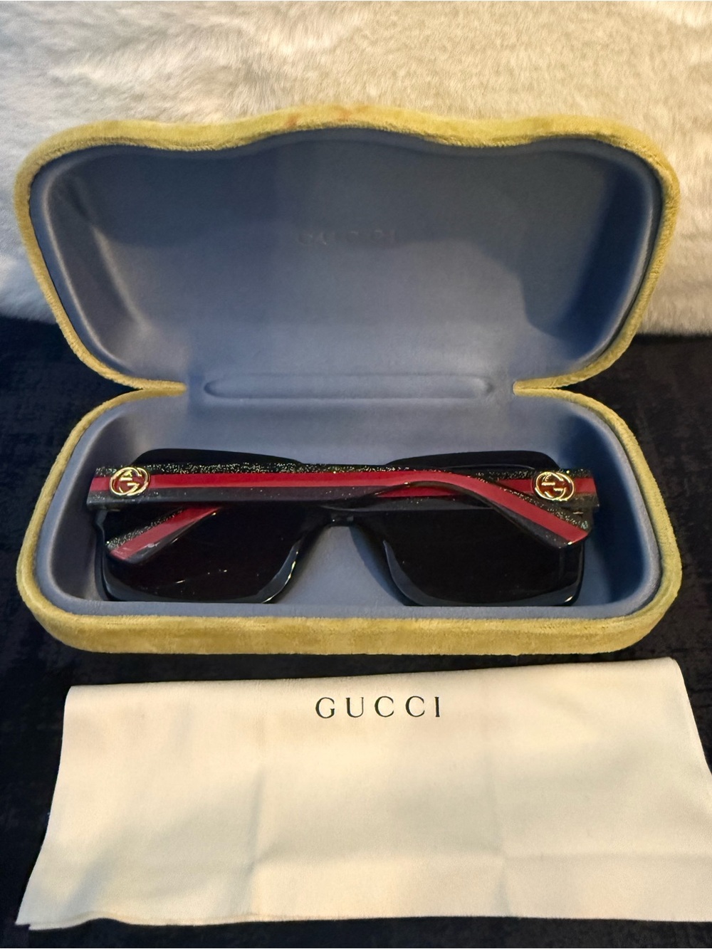 Gucci Black Shield Sunglasses with Red and Gold Trim